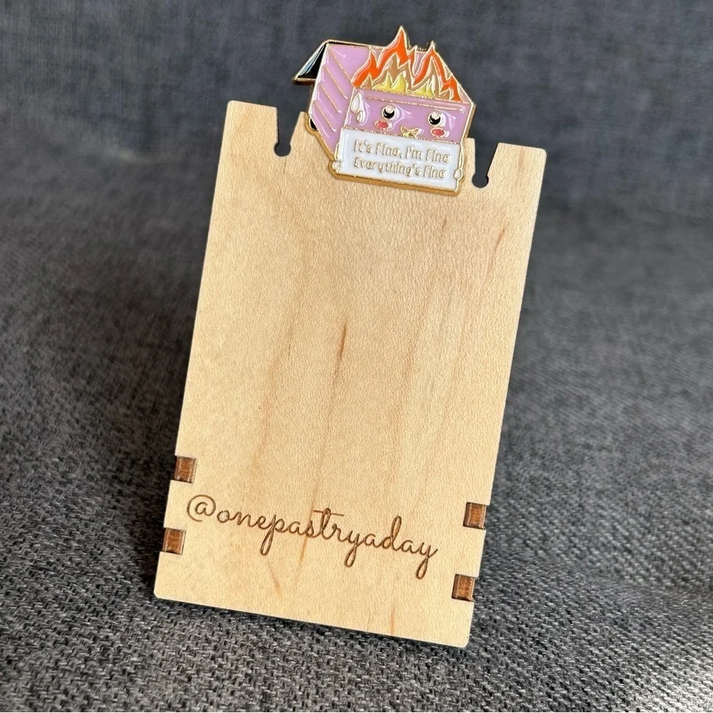 Funny Dumpster Fire “It’s Fine, I’m Fine, Everything’s Fine” Pin, Light Purple